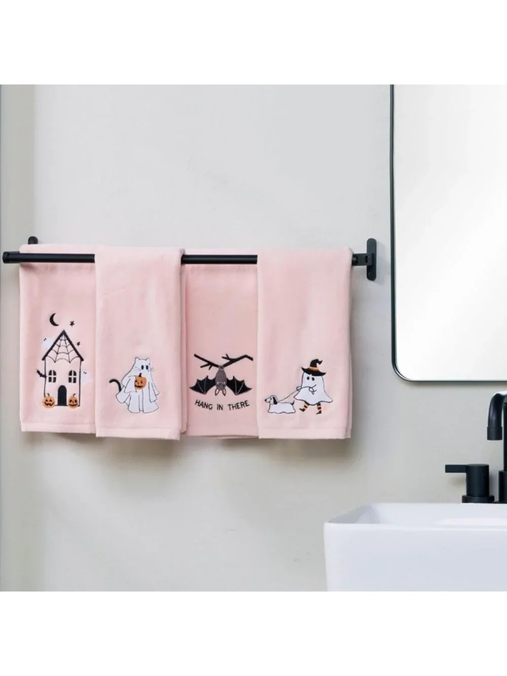 Embroidered Halloween Ghost Cat Hand Towel Set - 100% Cotton, Decorative